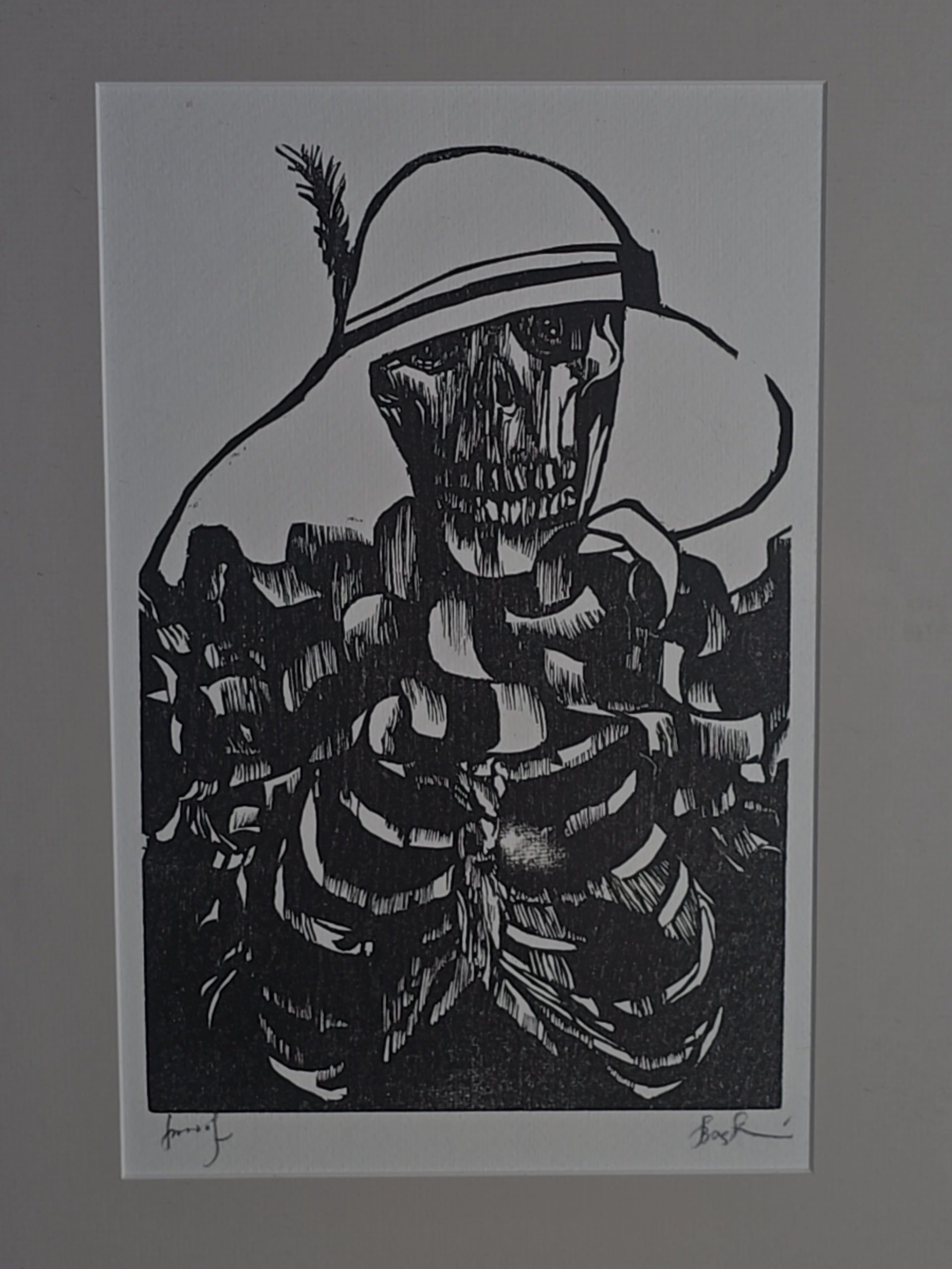 Vintage Framed Woodcut Print, "Death the Society Lady" Artist's Proof by Leonard Baskin