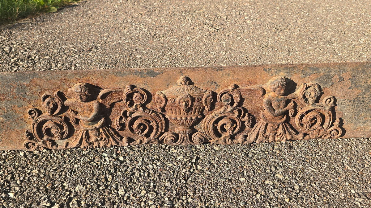 Antique Cast Iron Fireplace Grate Front with Cherub and Urn Relief