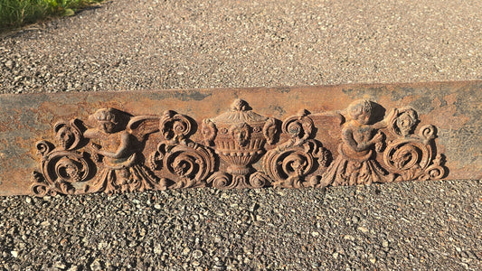 Antique Cast Iron Fireplace Grate Front with Cherub and Urn Relief