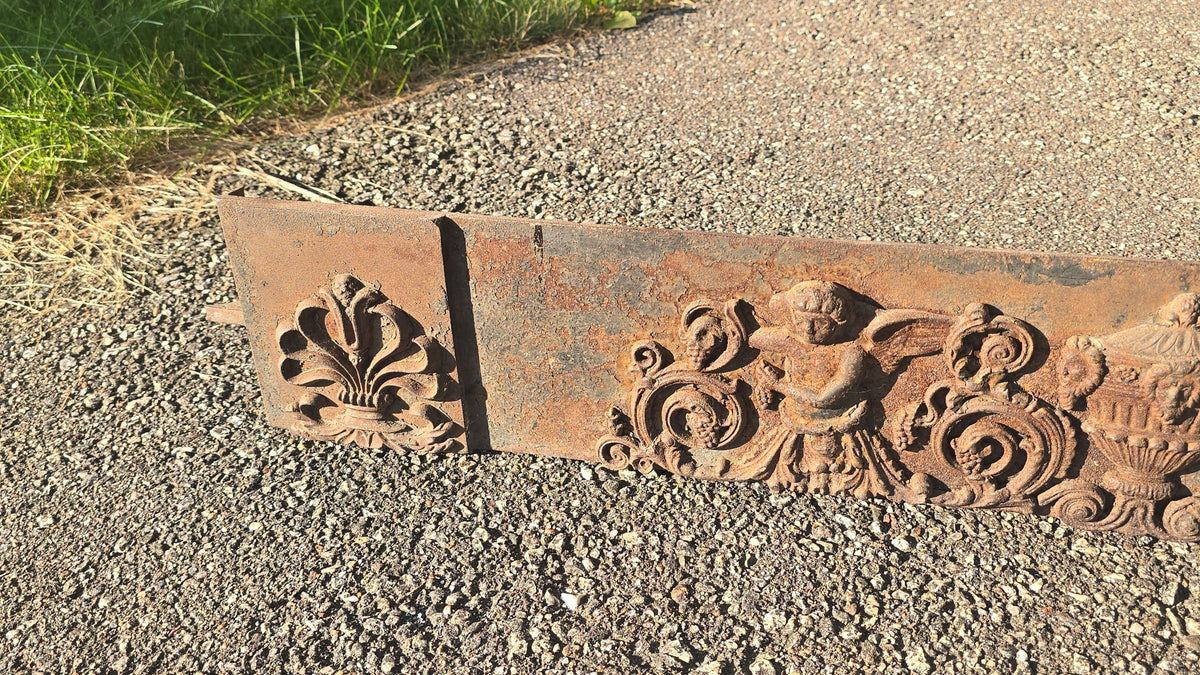 Antique Cast Iron Fireplace Grate Front with Cherub and Urn Relief