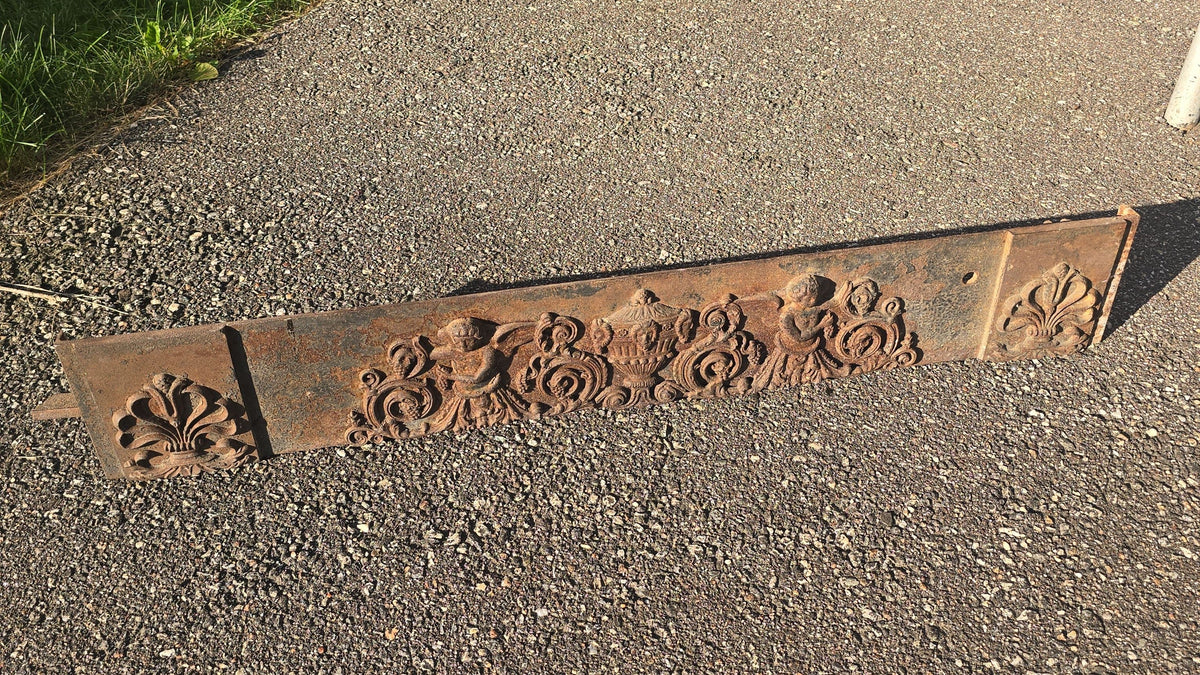 Antique Cast Iron Fireplace Grate Front with Cherub and Urn Relief