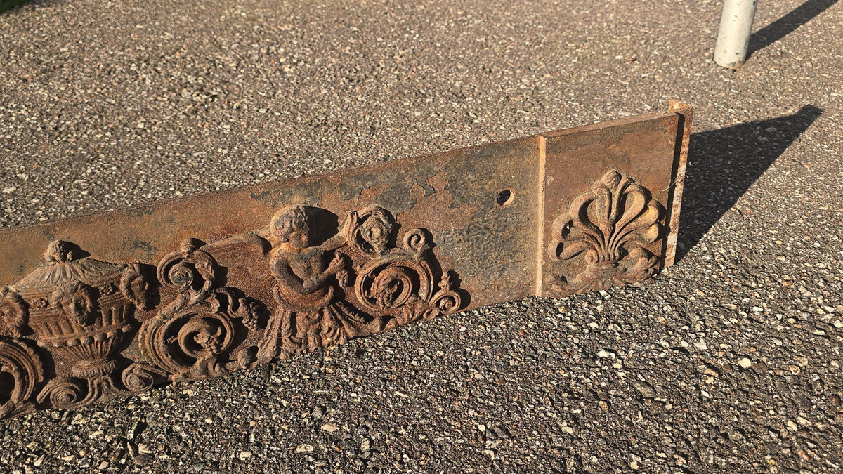 Antique Cast Iron Fireplace Grate Front with Cherub and Urn Relief