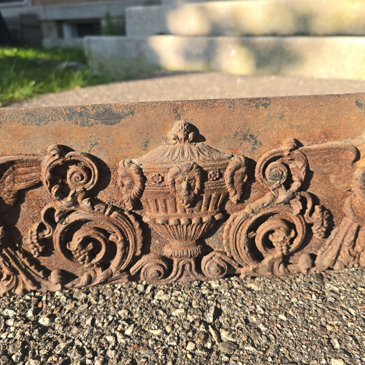 Antique Cast Iron Fireplace Grate Front with Cherub and Urn Relief