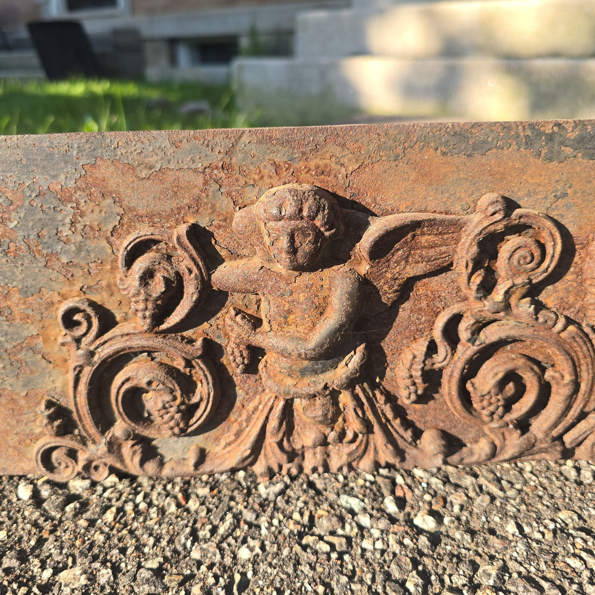 Antique Cast Iron Fireplace Grate Front with Cherub and Urn Relief