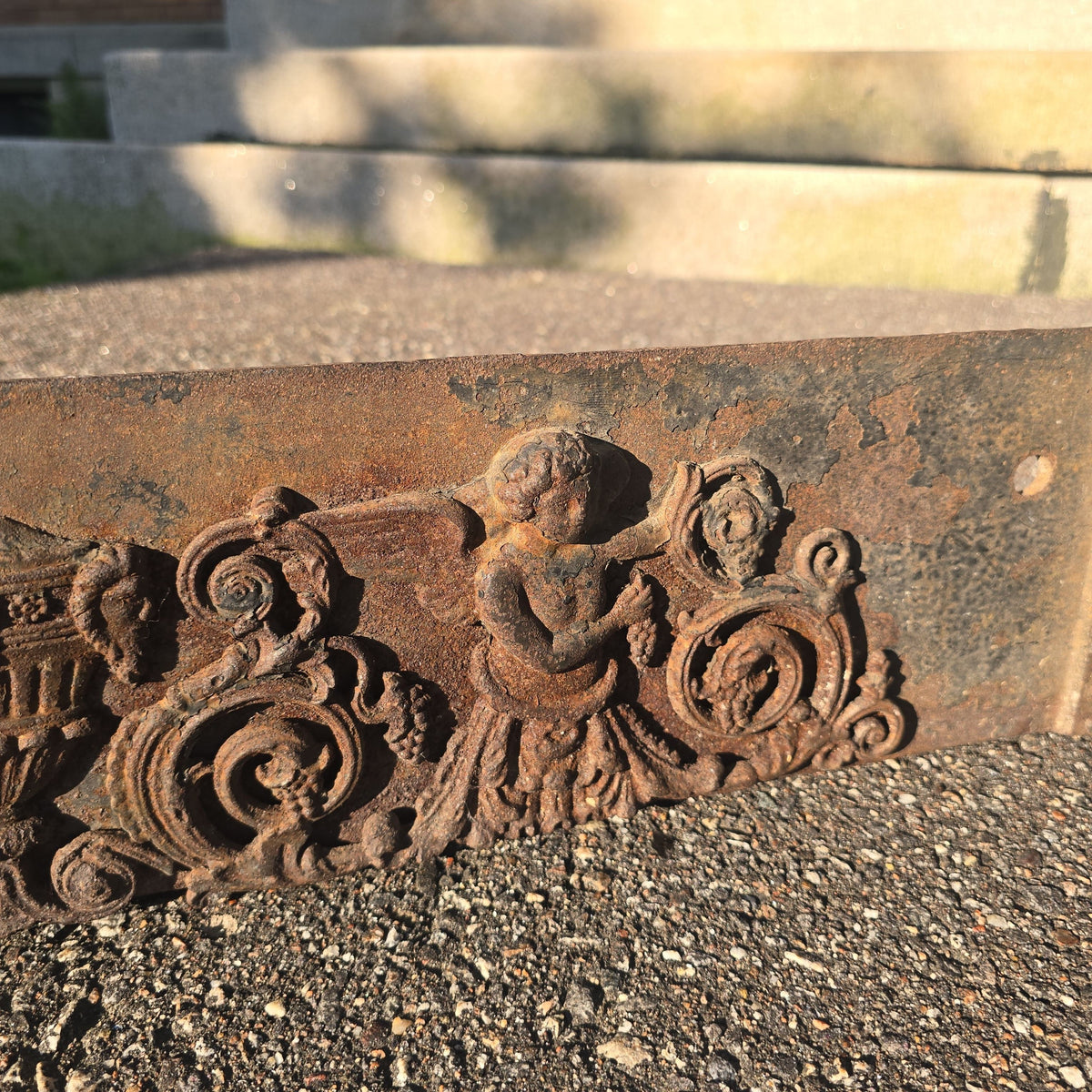 Antique Cast Iron Fireplace Grate Front with Cherub and Urn Relief
