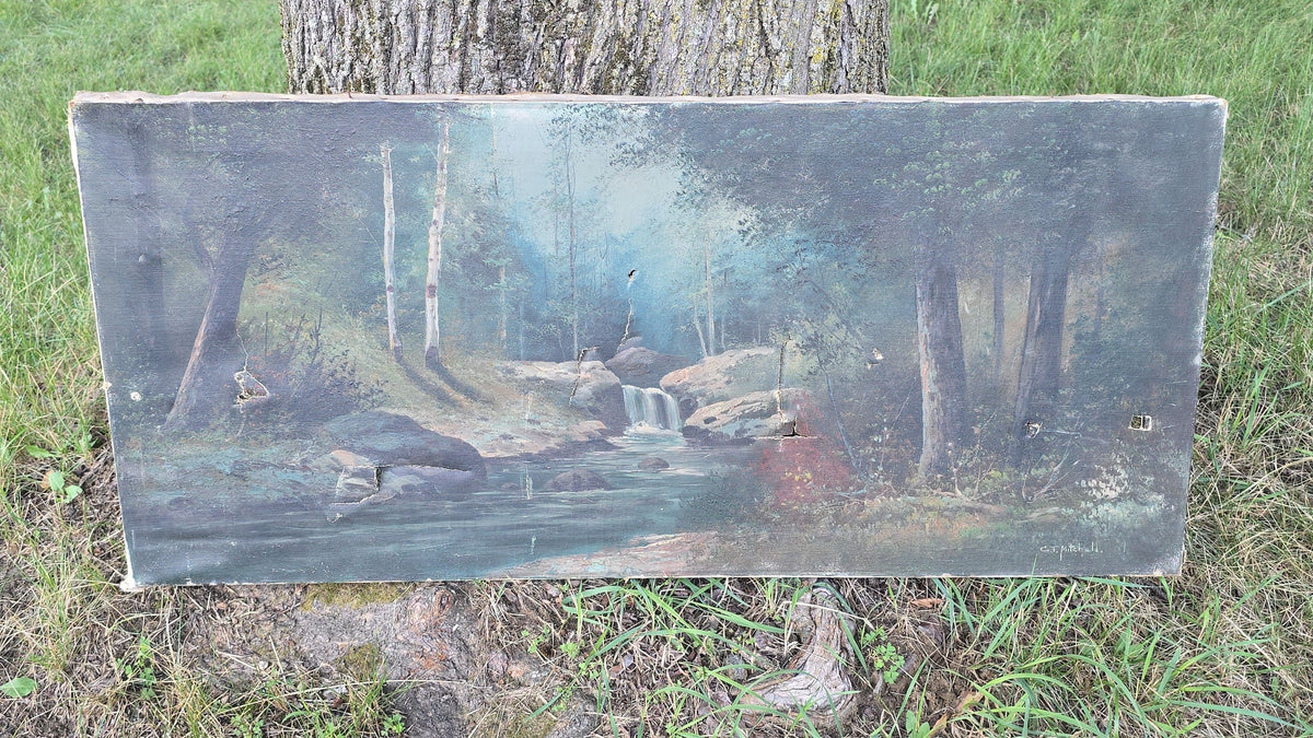 Antique Oil Painting on Canvas, Woodland Waterfall Landscape, Signed C.T. Mitchell, Note Poor Condition