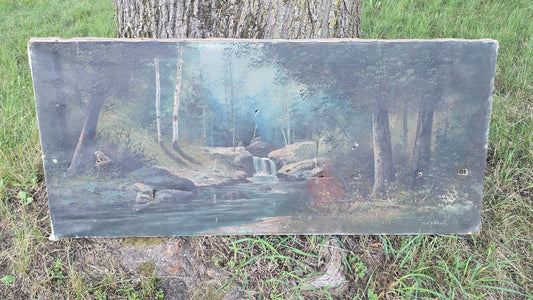 Antique Oil Painting on Canvas, Woodland Waterfall Landscape, Signed C.T. Mitchell, Note Poor Condition