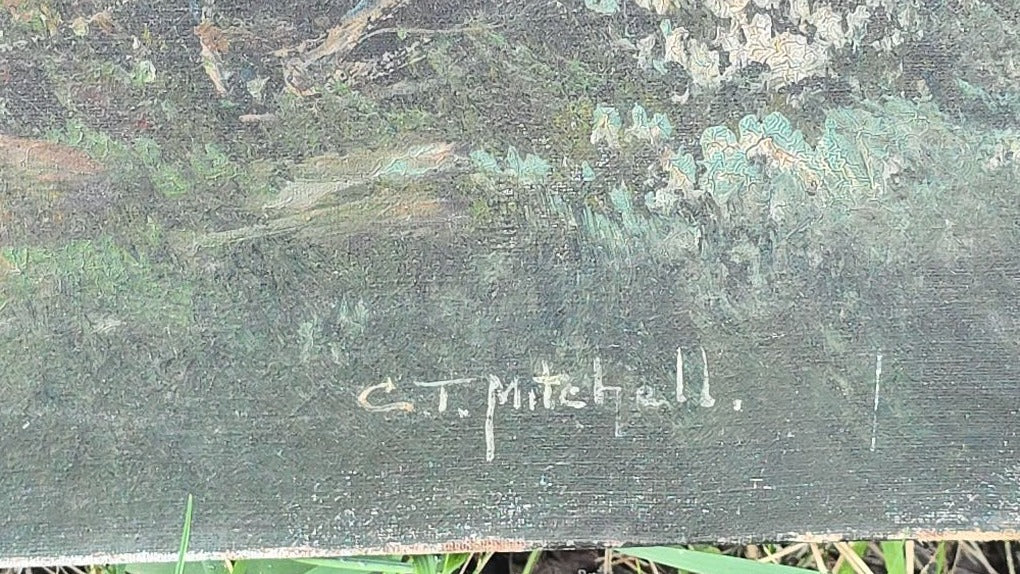 Antique Oil Painting on Canvas, Woodland Waterfall Landscape, Signed C.T. Mitchell, Note Poor Condition