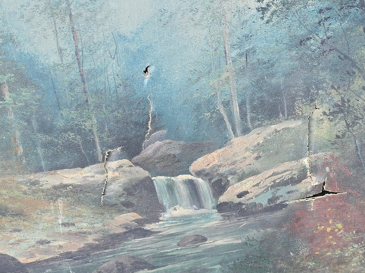 Antique Oil Painting on Canvas, Woodland Waterfall Landscape, Signed C.T. Mitchell, Note Poor Condition