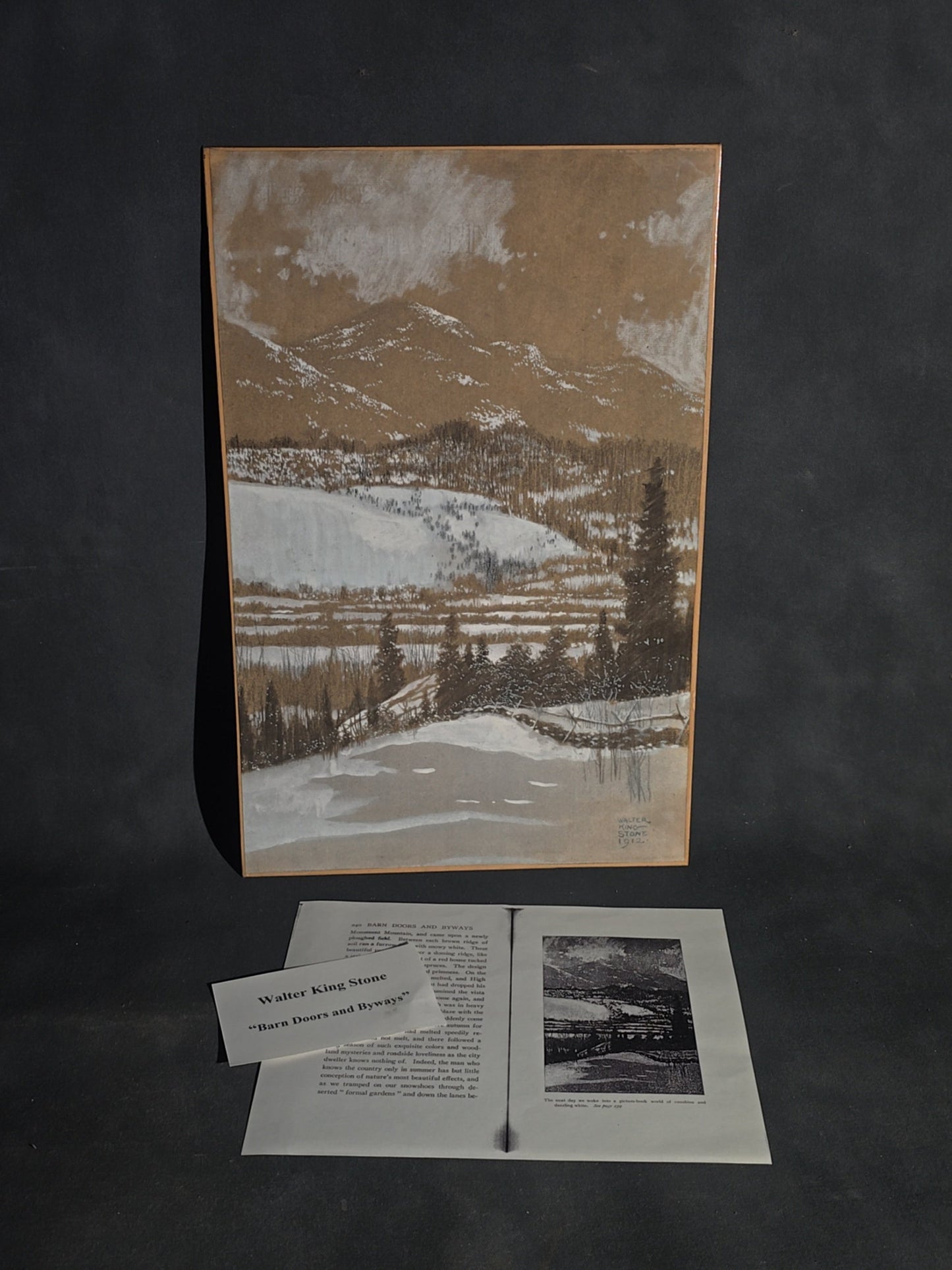 Antique Walter King Stone Original Illustration for "Barn Doors and Byways" by Walter Prichard Eaton, Winter Mountain Landscape, Signed and Dated 1912, With Provenance