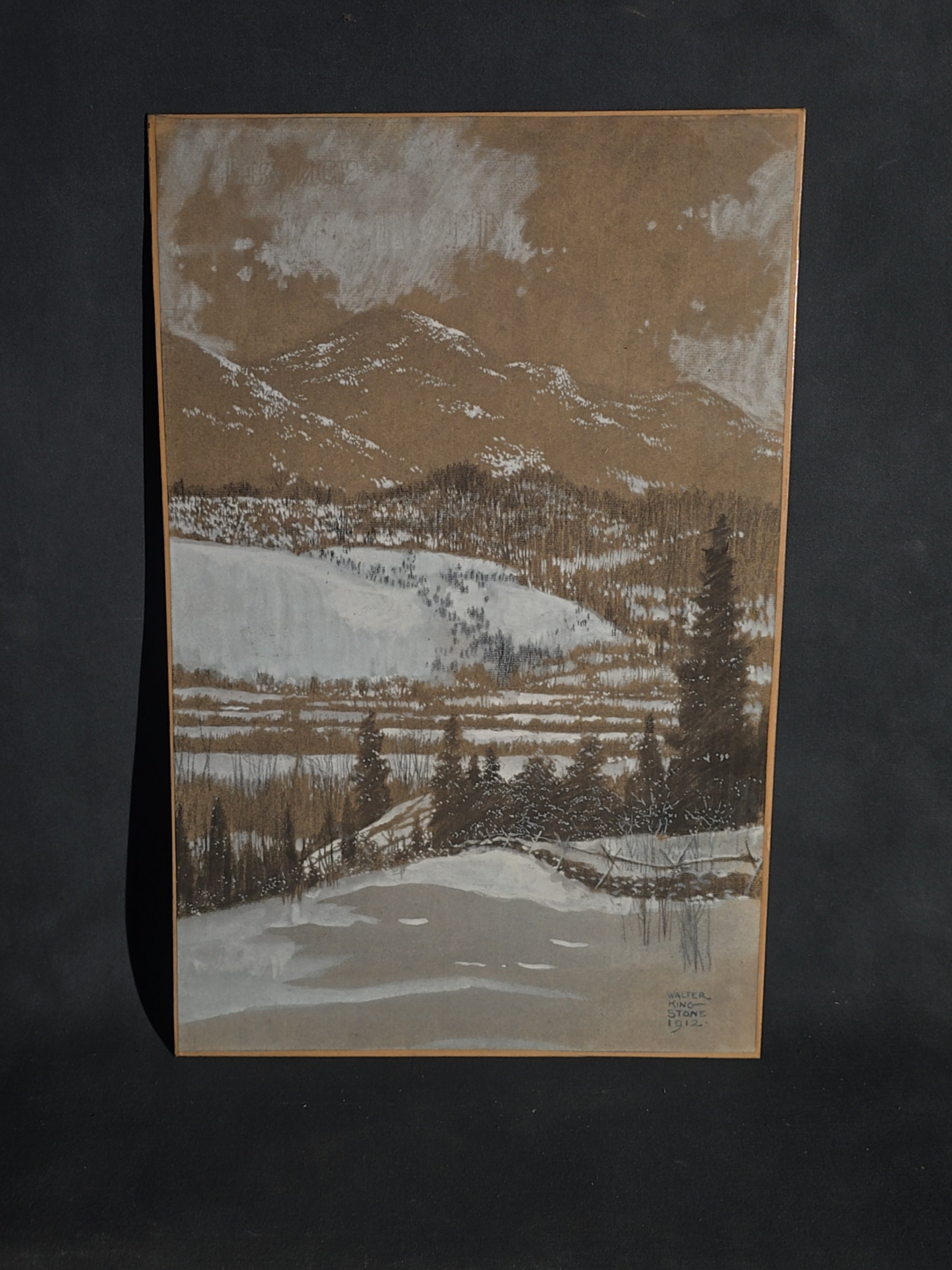 Antique Walter King Stone Original Illustration for "Barn Doors and Byways" by Walter Prichard Eaton, Winter Mountain Landscape, Signed and Dated 1912, With Provenance