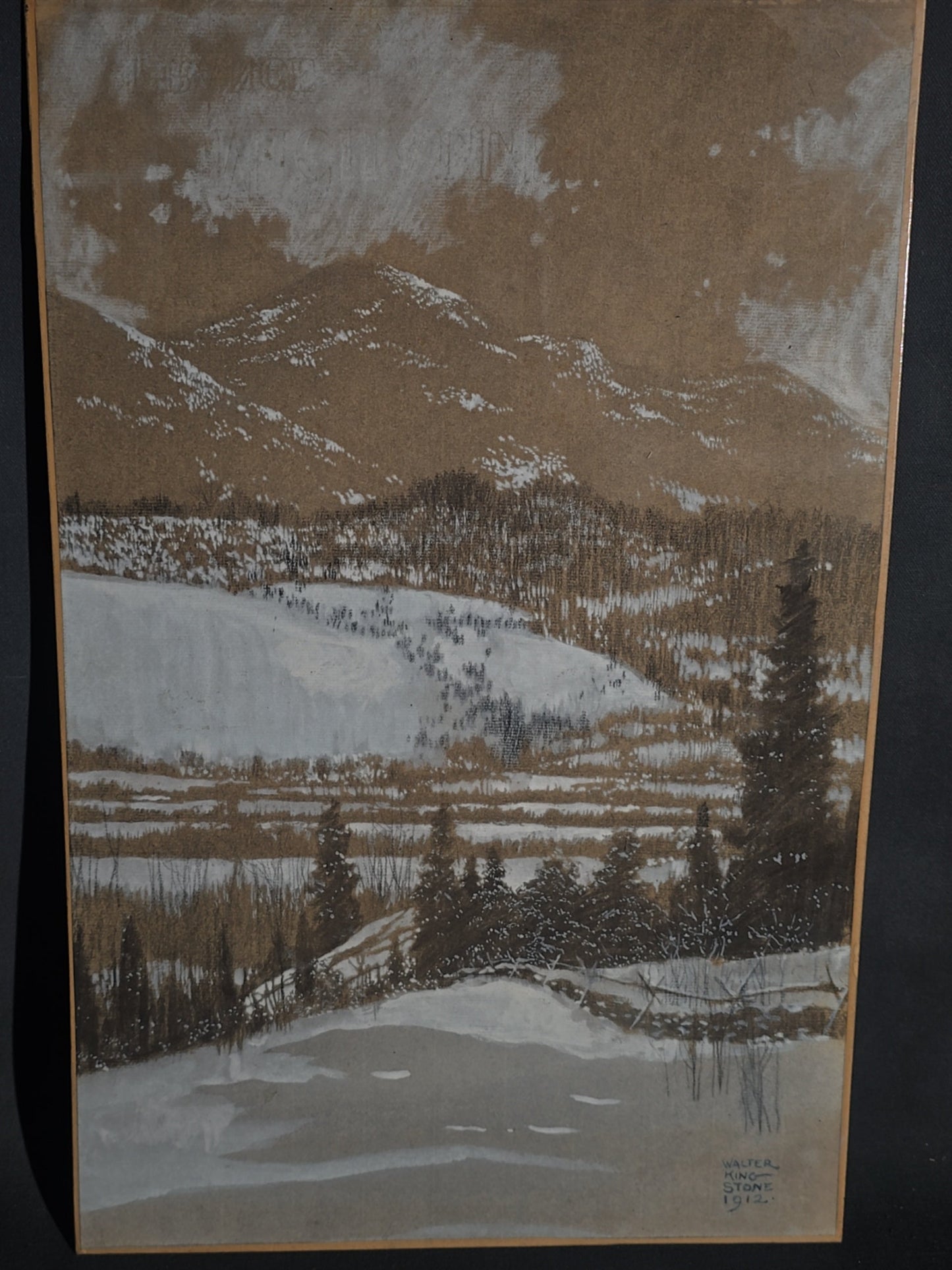 Antique Walter King Stone Original Illustration for "Barn Doors and Byways" by Walter Prichard Eaton, Winter Mountain Landscape, Signed and Dated 1912, With Provenance