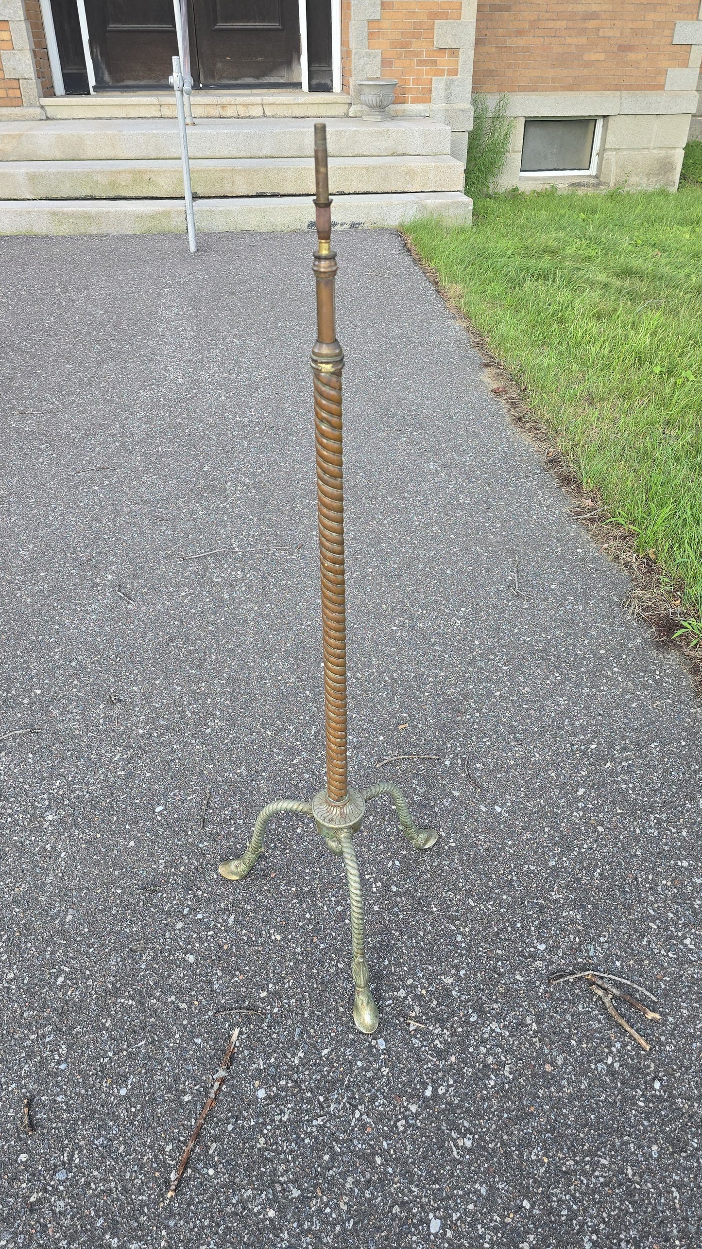 Antique Brass Tripod Floor Stand with Spiral Column and Hoof Feet, Patented 1876 and 1878