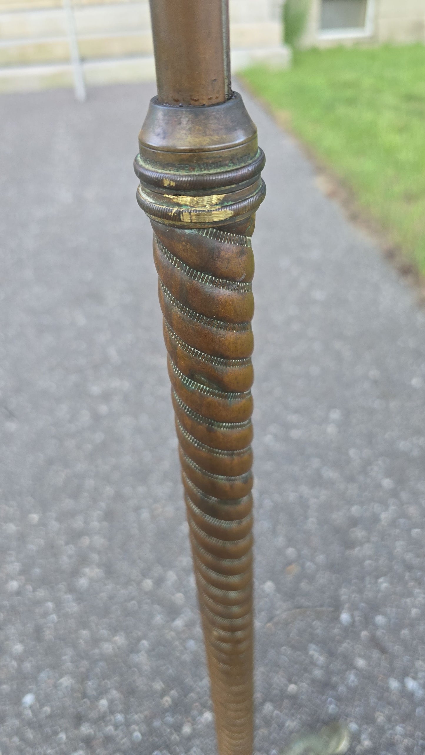 Antique Brass Tripod Floor Stand with Spiral Column and Hoof Feet, Patented 1876 and 1878