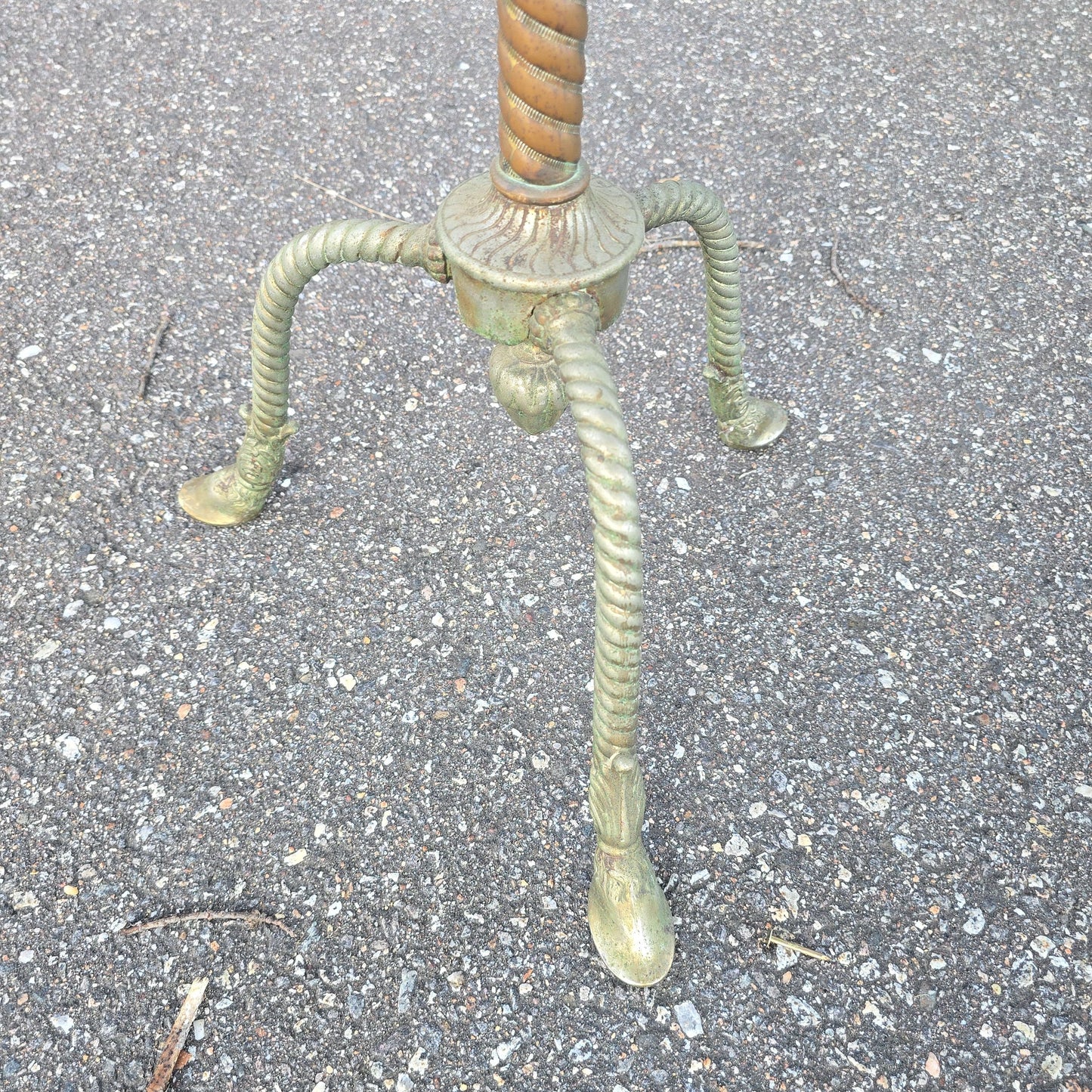 Antique Brass Tripod Floor Stand with Spiral Column and Hoof Feet, Patented 1876 and 1878