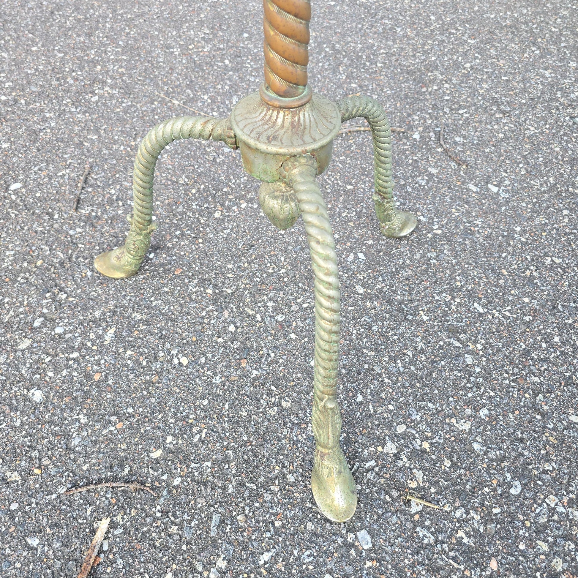 Antique Brass Tripod Floor Stand with Spiral Column and Hoof Feet, Patented 1876 and 1878