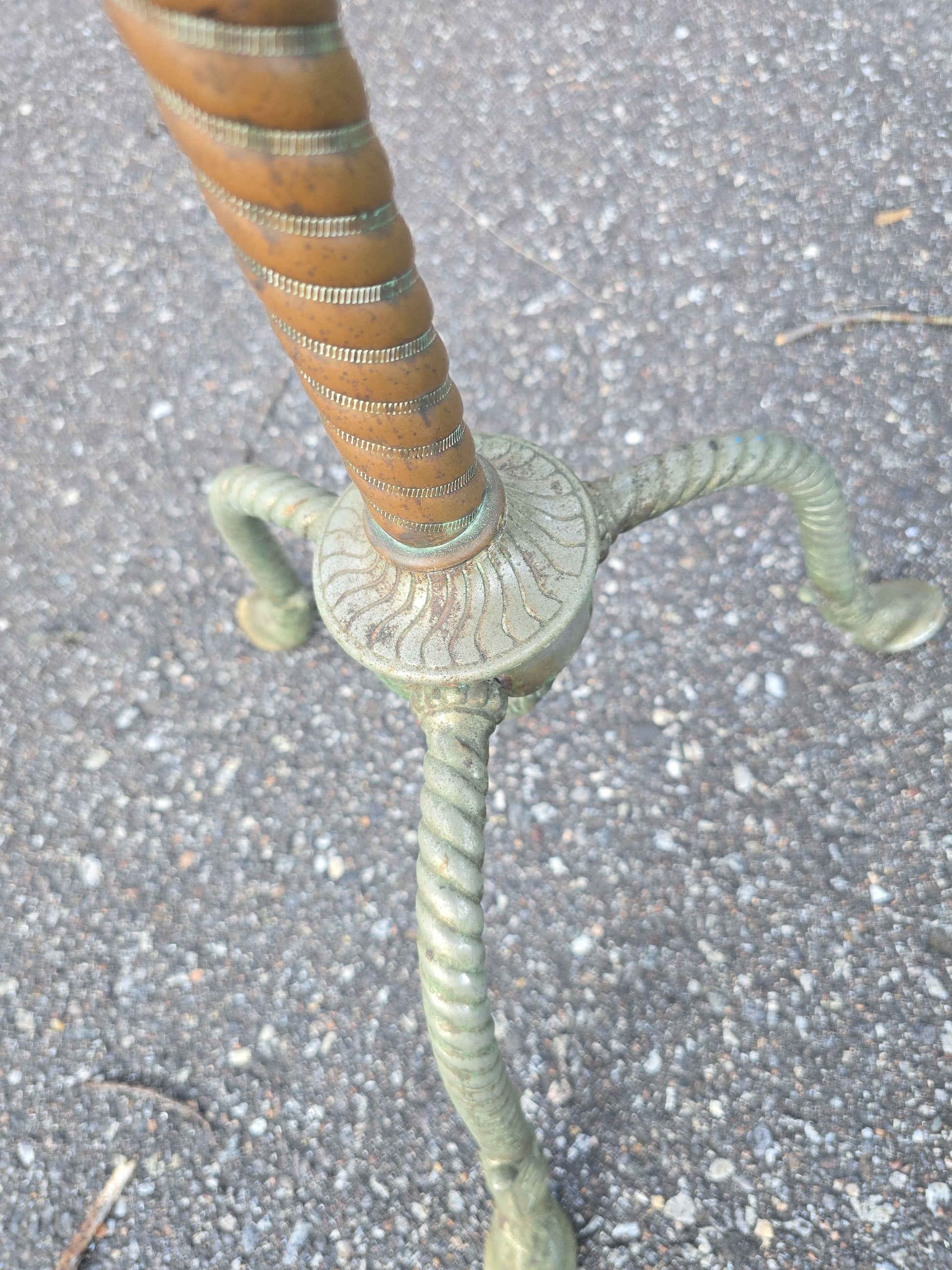 Antique Brass Tripod Floor Stand with Spiral Column and Hoof Feet, Patented 1876 and 1878
