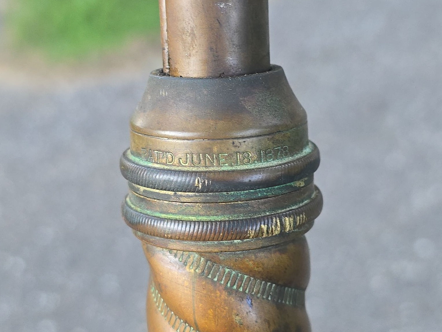Antique Brass Tripod Floor Stand with Spiral Column and Hoof Feet, Patented 1876 and 1878