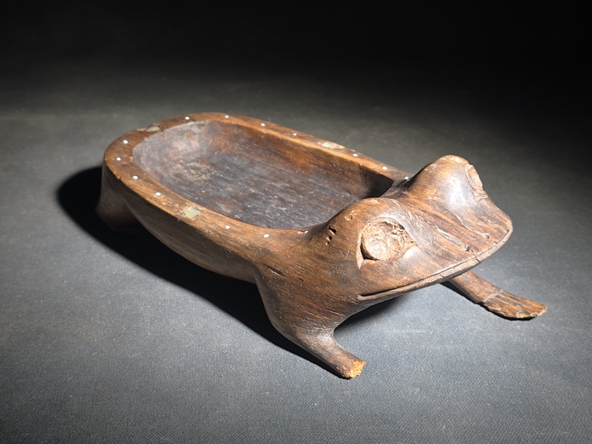 Antique Northwest Coast Tlingit Carved Wood Frog Vessel with Mother of Pearl Inlay, Note Missing Front Foot