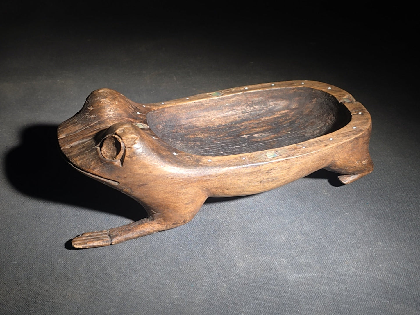 Antique Northwest Coast Tlingit Carved Wood Frog Vessel with Mother of Pearl Inlay, Note Missing Front Foot