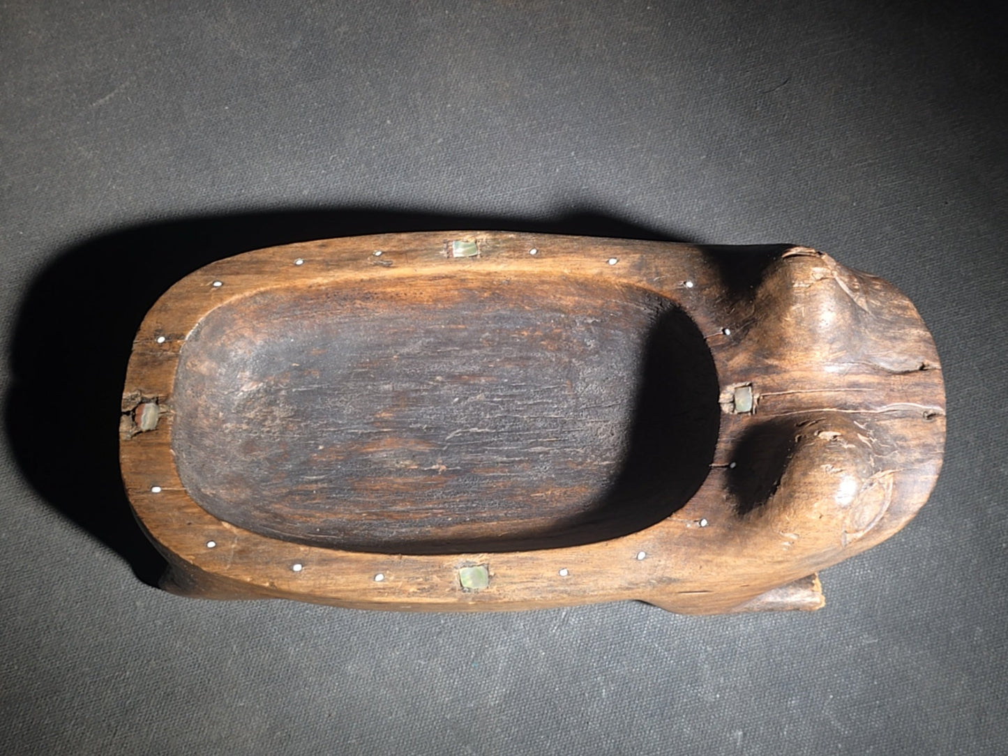 Antique Northwest Coast Tlingit Carved Wood Frog Vessel with Mother of Pearl Inlay, Note Missing Front Foot