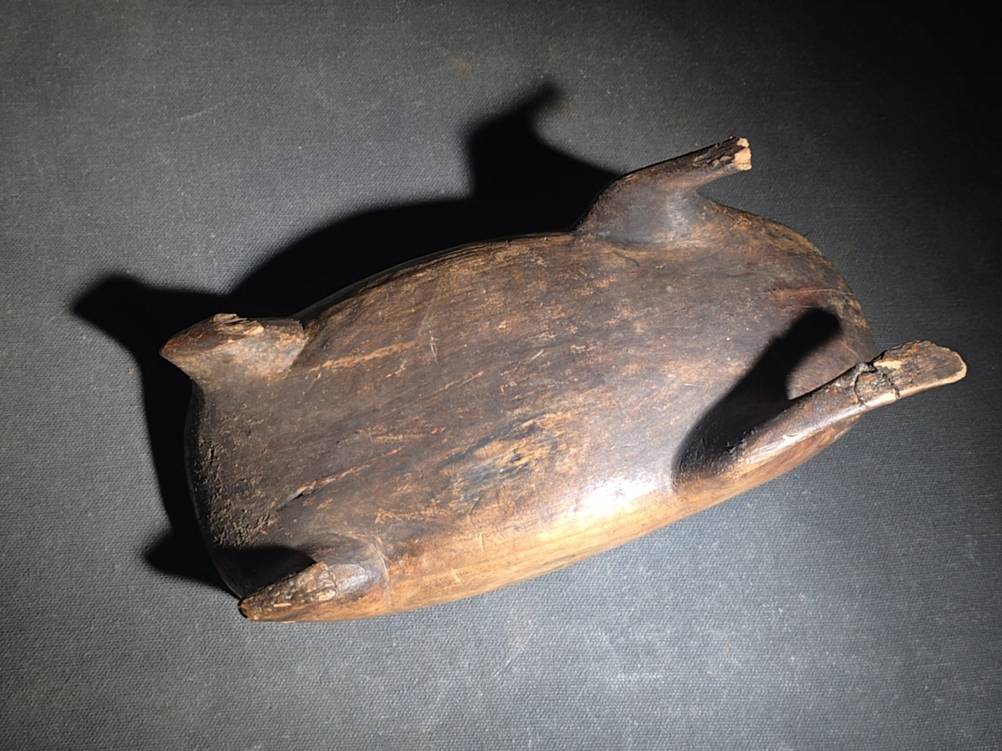 Antique Northwest Coast Tlingit Carved Wood Frog Vessel with Mother of Pearl Inlay, Note Missing Front Foot