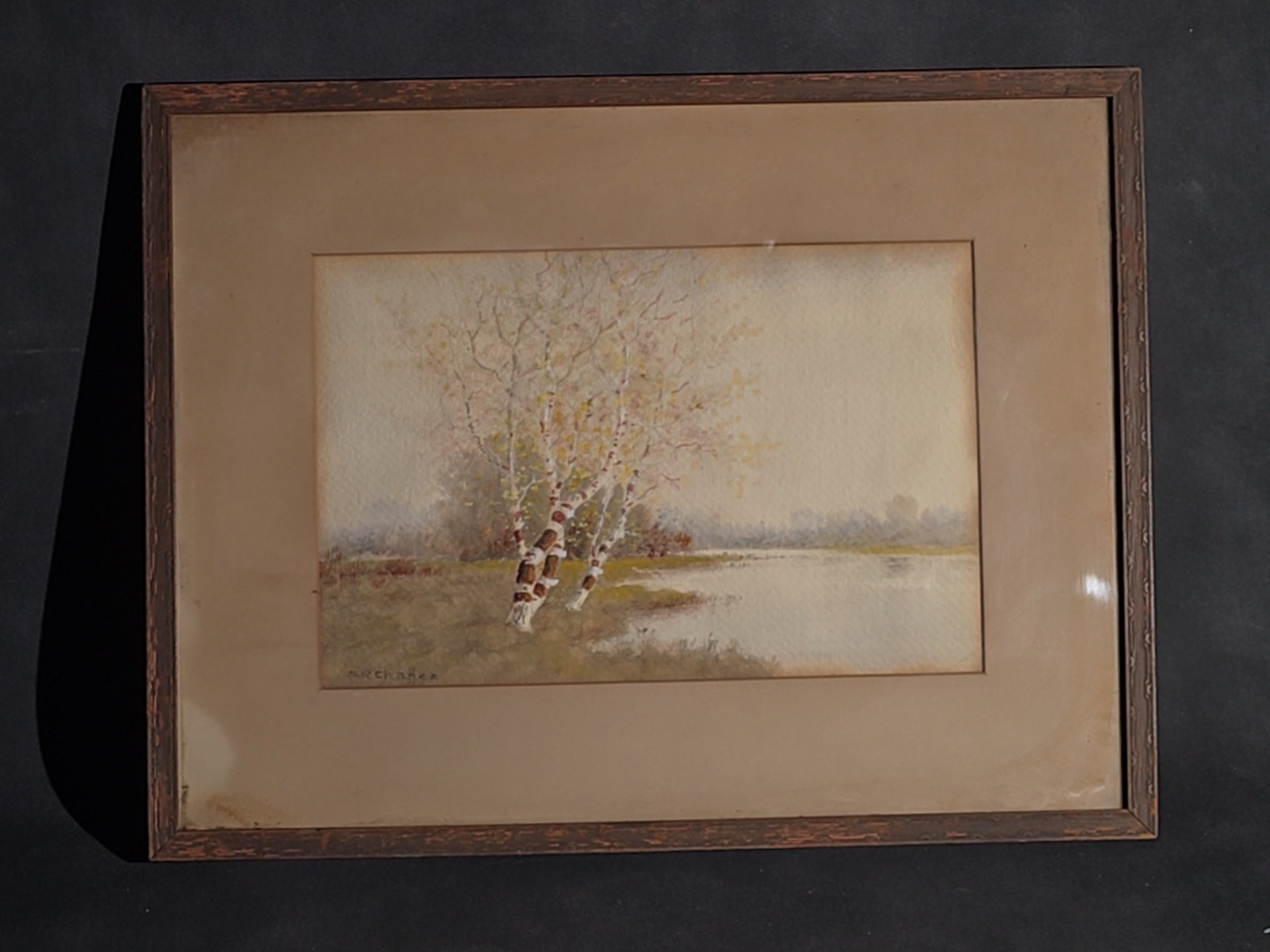 Antique Framed Watercolor Painting on Paper, Birch Trees at Water's Edge, by Samuel R. Chaffee (1850-1913), Braus Galleries New York Label