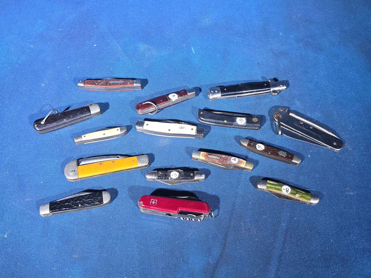 Grouping of 15 Vintage Folding Pocket Knives including Victorinox Swiss Army Knife