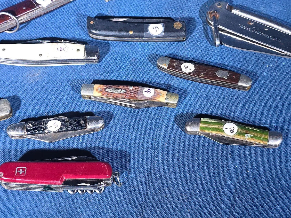 Grouping of 15 Vintage Folding Pocket Knives including Victorinox Swiss Army Knife