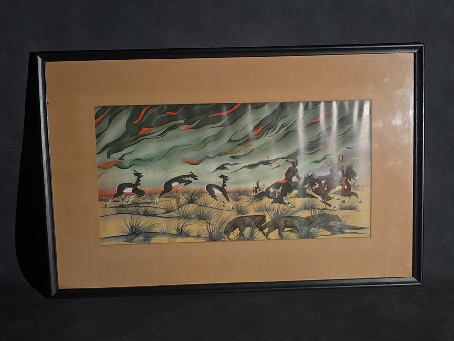 Vintage Framed Chromolithograph Print after "Prairie Fire" by Blackbear Bosin (Kiowa/Comanche)