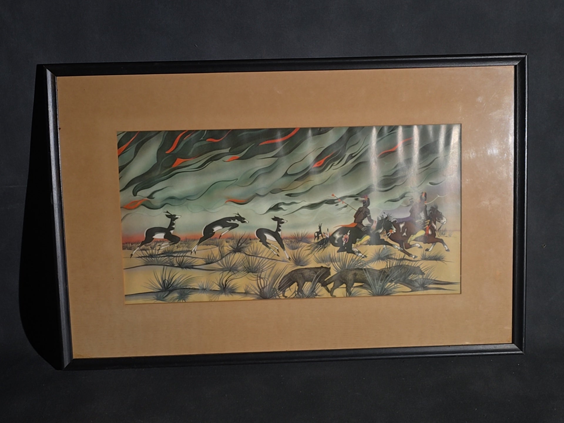 Vintage Framed Chromolithograph Print after "Prairie Fire" by Blackbear Bosin (Kiowa/Comanche)