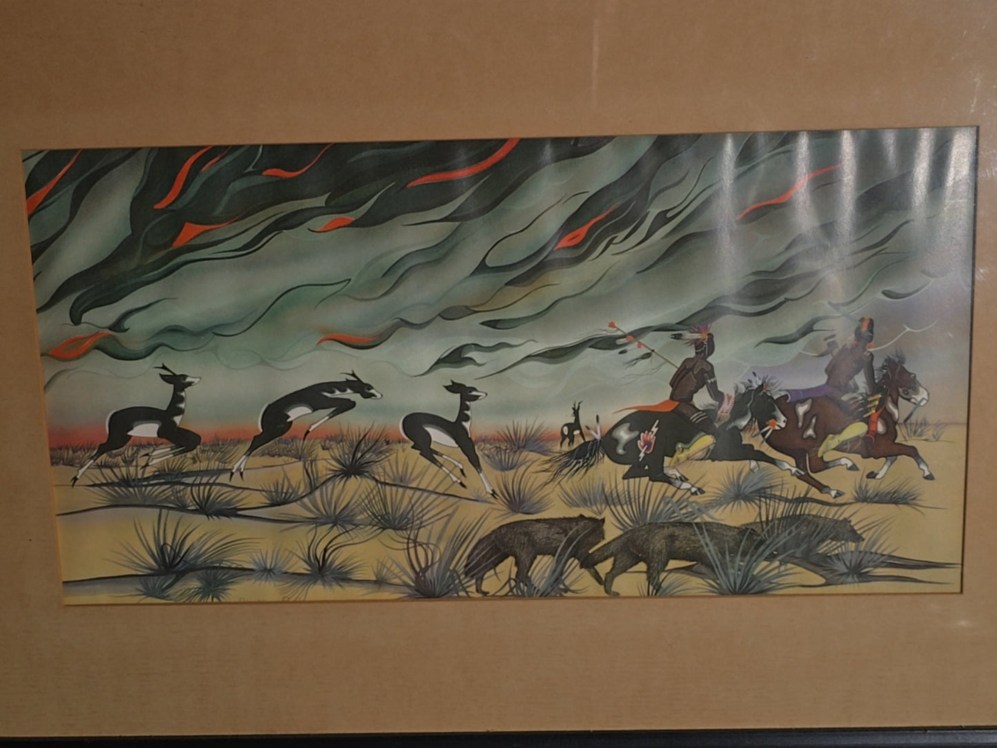 Vintage Framed Chromolithograph Print after "Prairie Fire" by Blackbear Bosin (Kiowa/Comanche)
