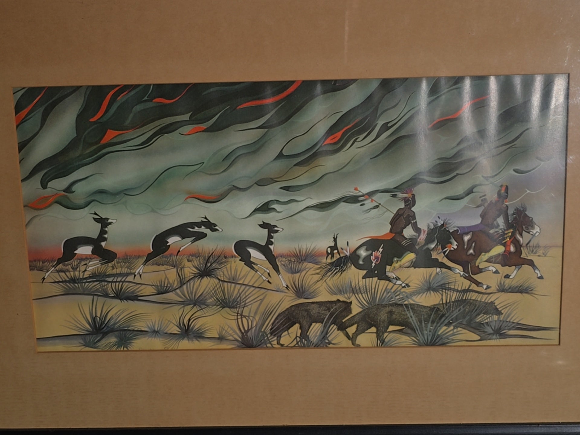 Vintage Framed Chromolithograph Print after "Prairie Fire" by Blackbear Bosin (Kiowa/Comanche)