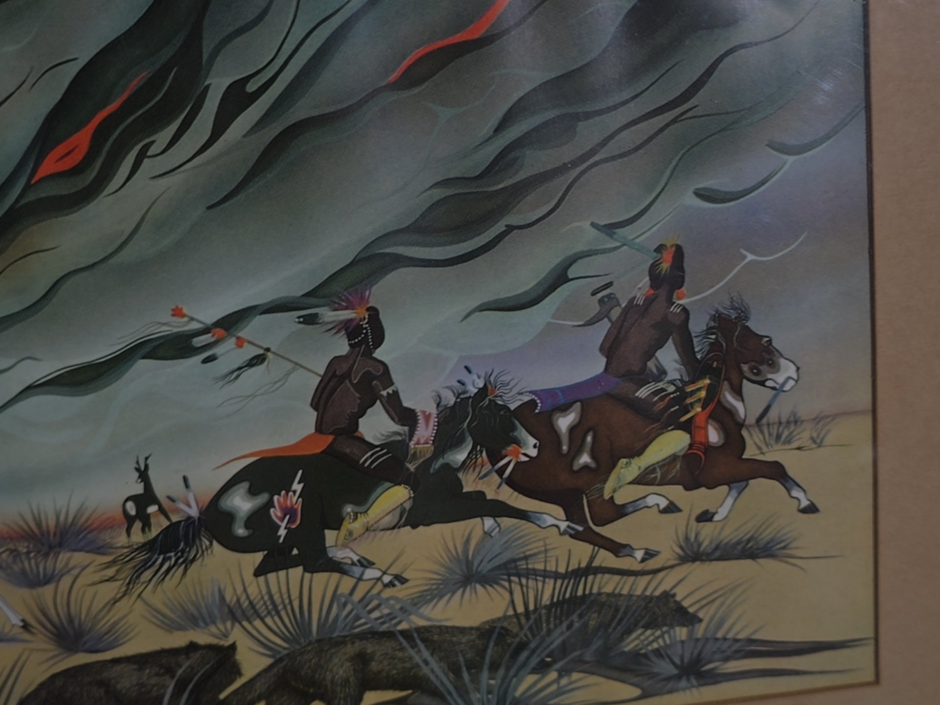 Vintage Framed Chromolithograph Print after "Prairie Fire" by Blackbear Bosin (Kiowa/Comanche)