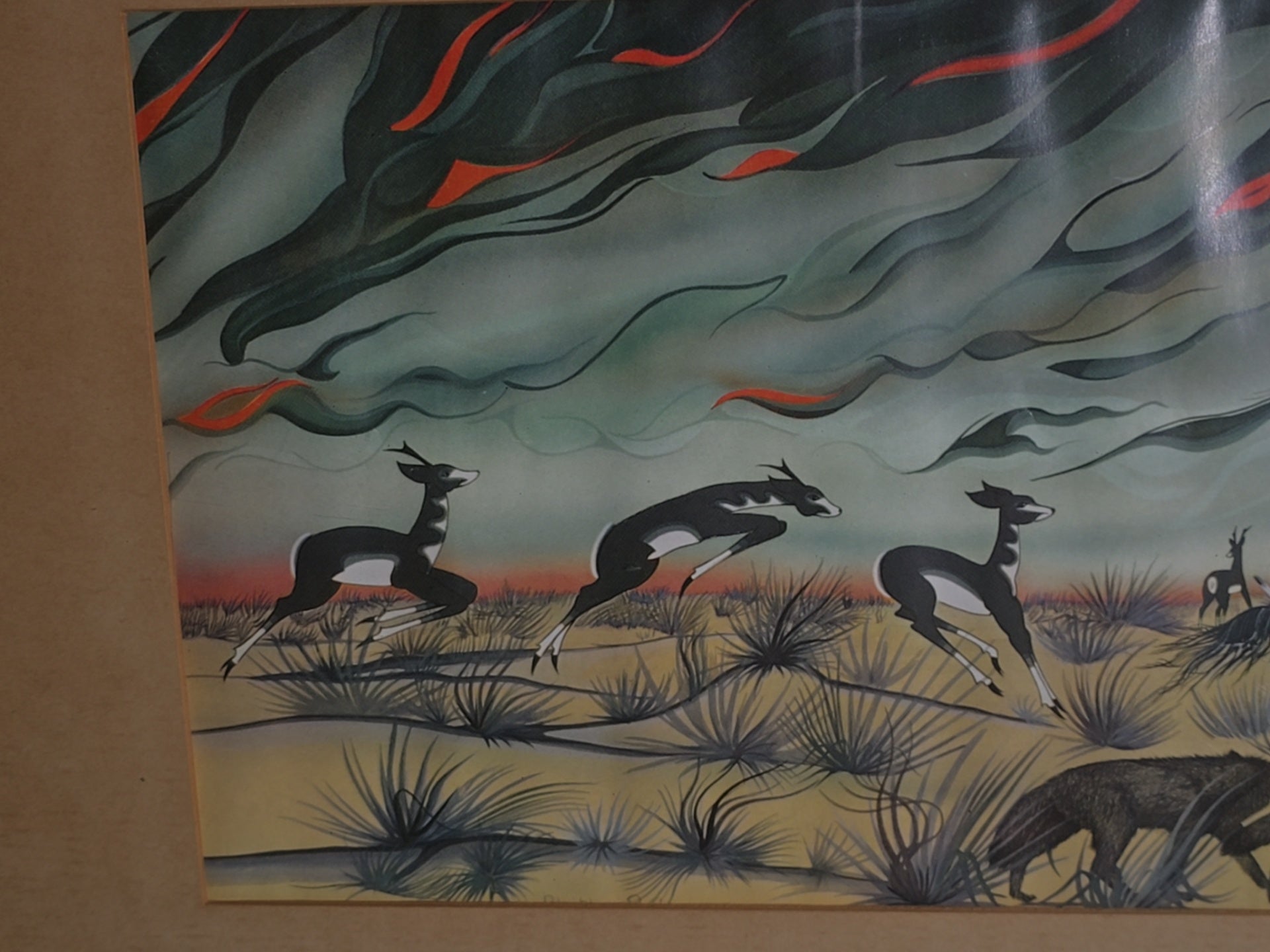 Vintage Framed Chromolithograph Print after "Prairie Fire" by Blackbear Bosin (Kiowa/Comanche)
