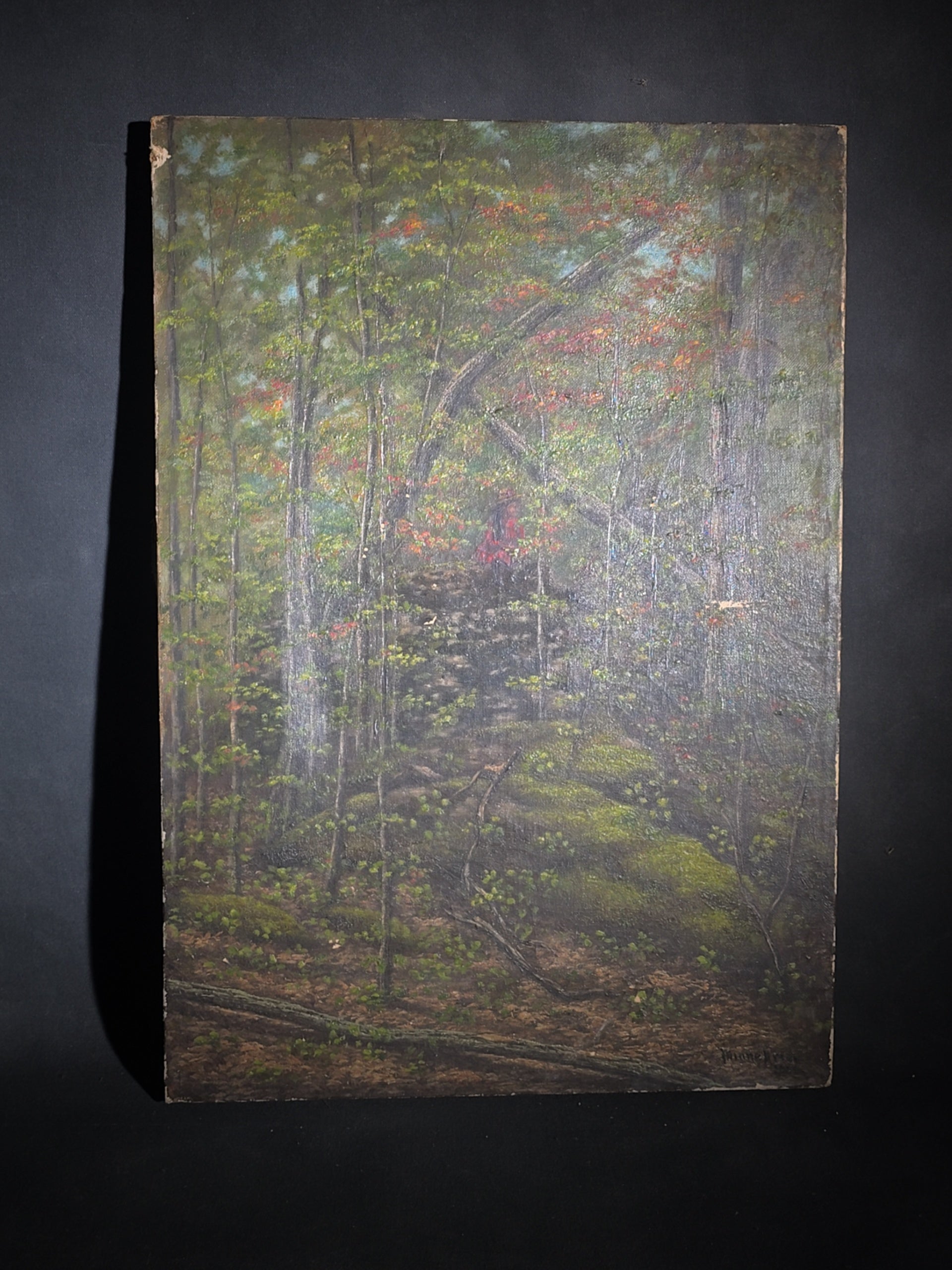Antique Oil Painting on Canvas, Woodland Forest Interior Landscape, Signed Illegibly, Dated 1886