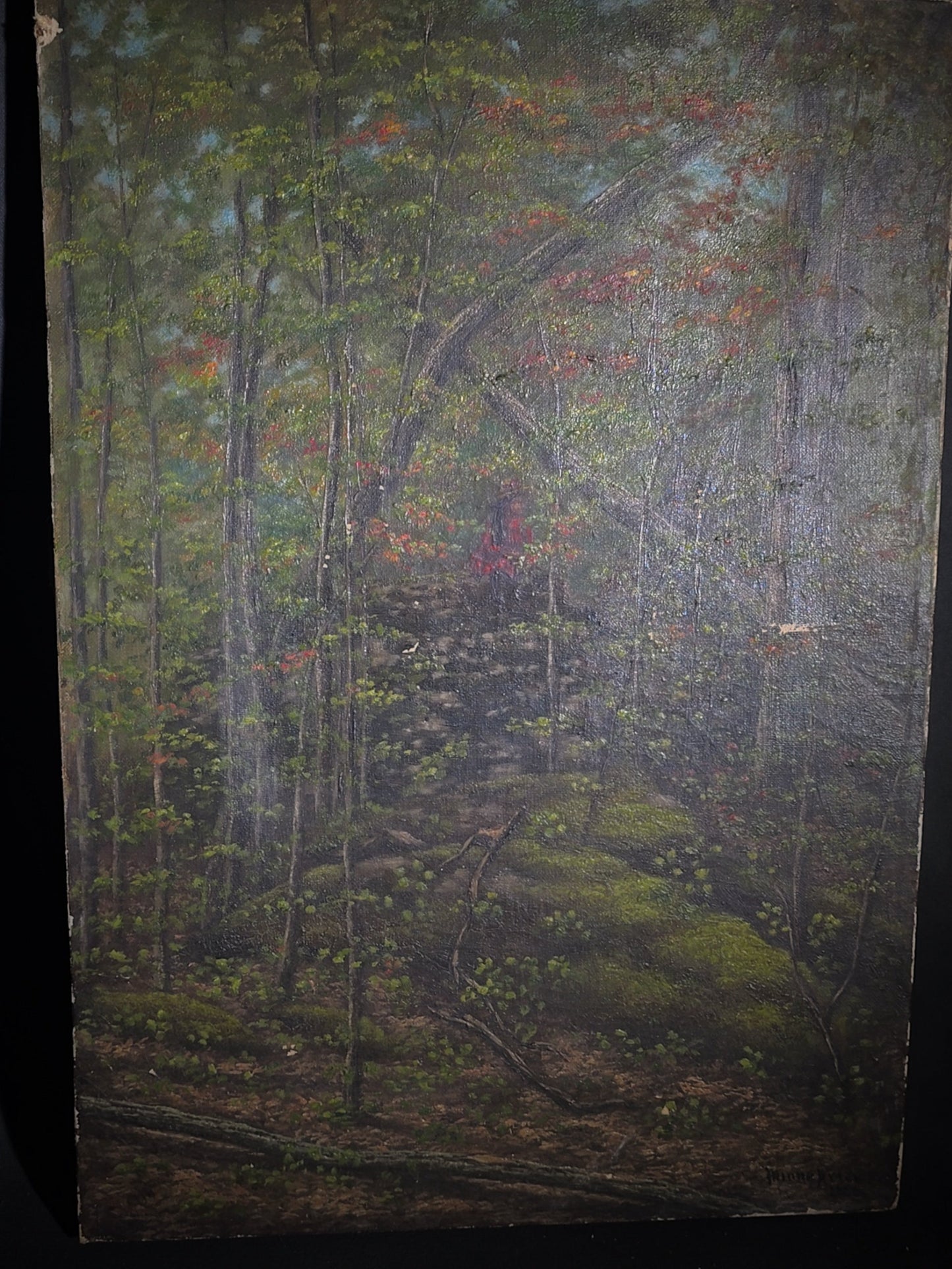 Antique Oil Painting on Canvas, Woodland Forest Interior Landscape, Signed Illegibly, Dated 1886
