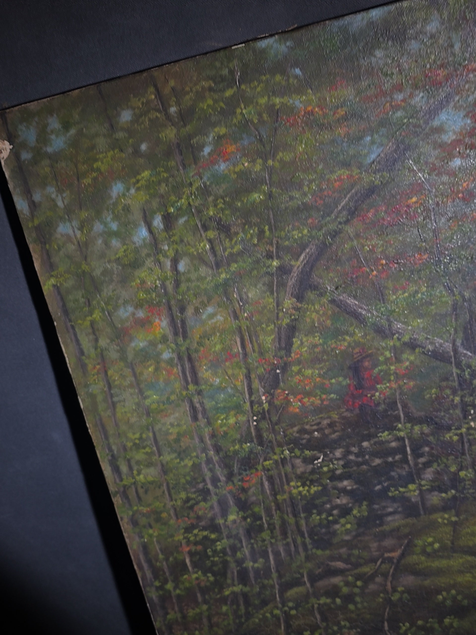 Antique Oil Painting on Canvas, Woodland Forest Interior Landscape, Signed Illegibly, Dated 1886