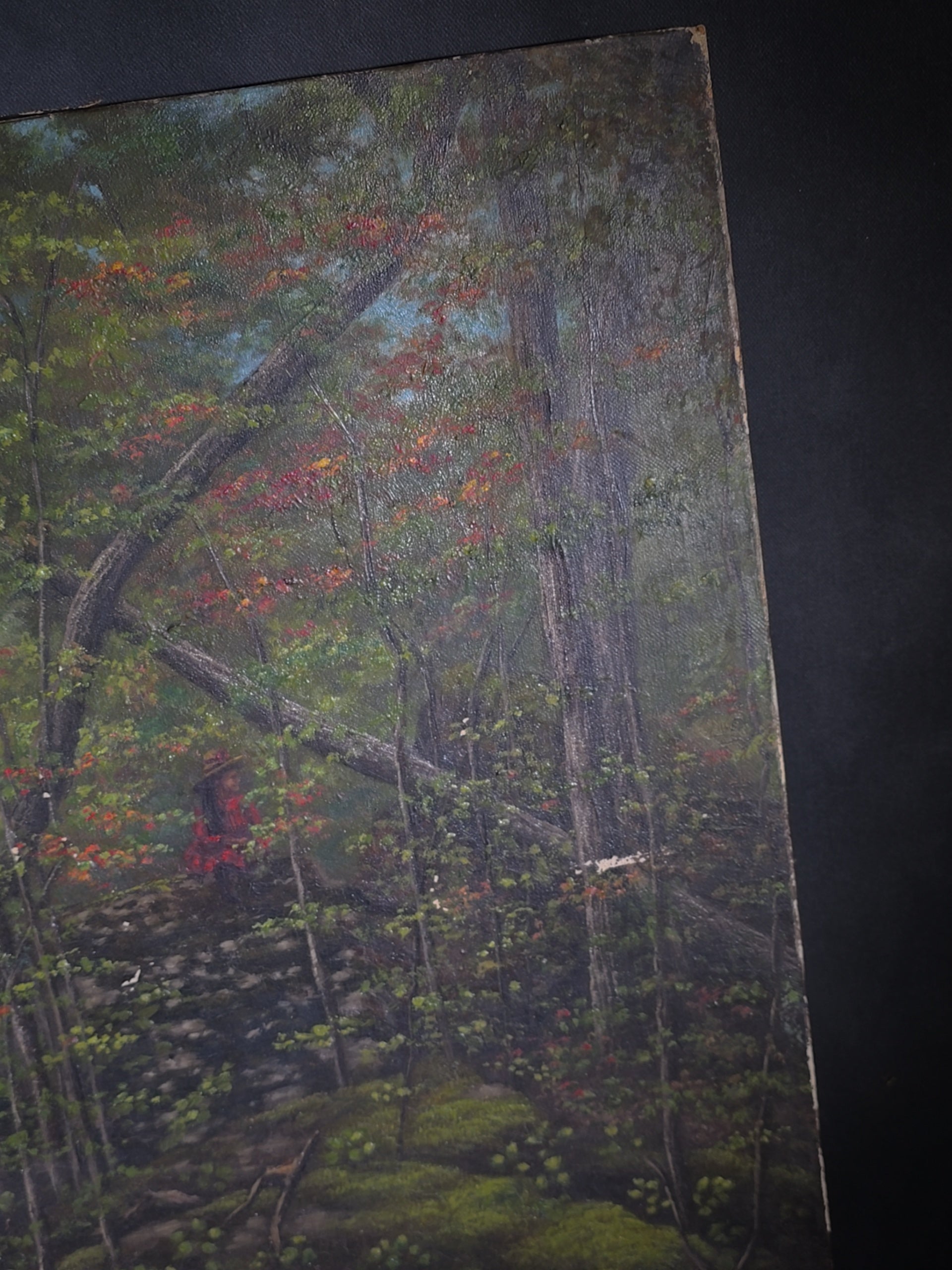 Antique Oil Painting on Canvas, Woodland Forest Interior Landscape, Signed Illegibly, Dated 1886