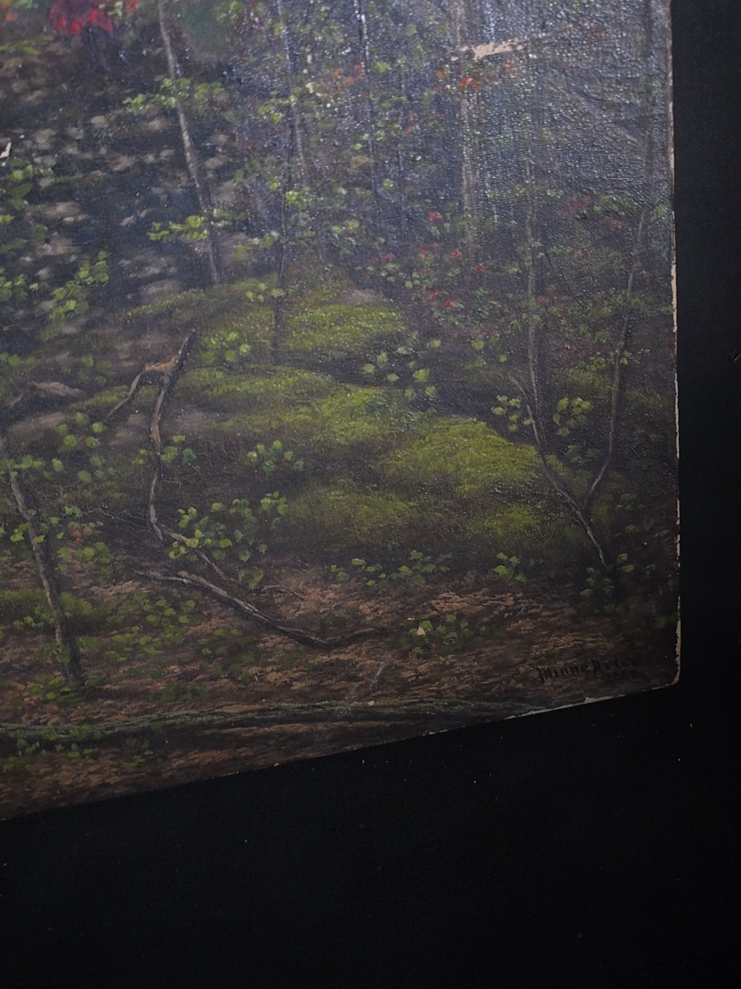 Antique Oil Painting on Canvas, Woodland Forest Interior Landscape, Signed Illegibly, Dated 1886