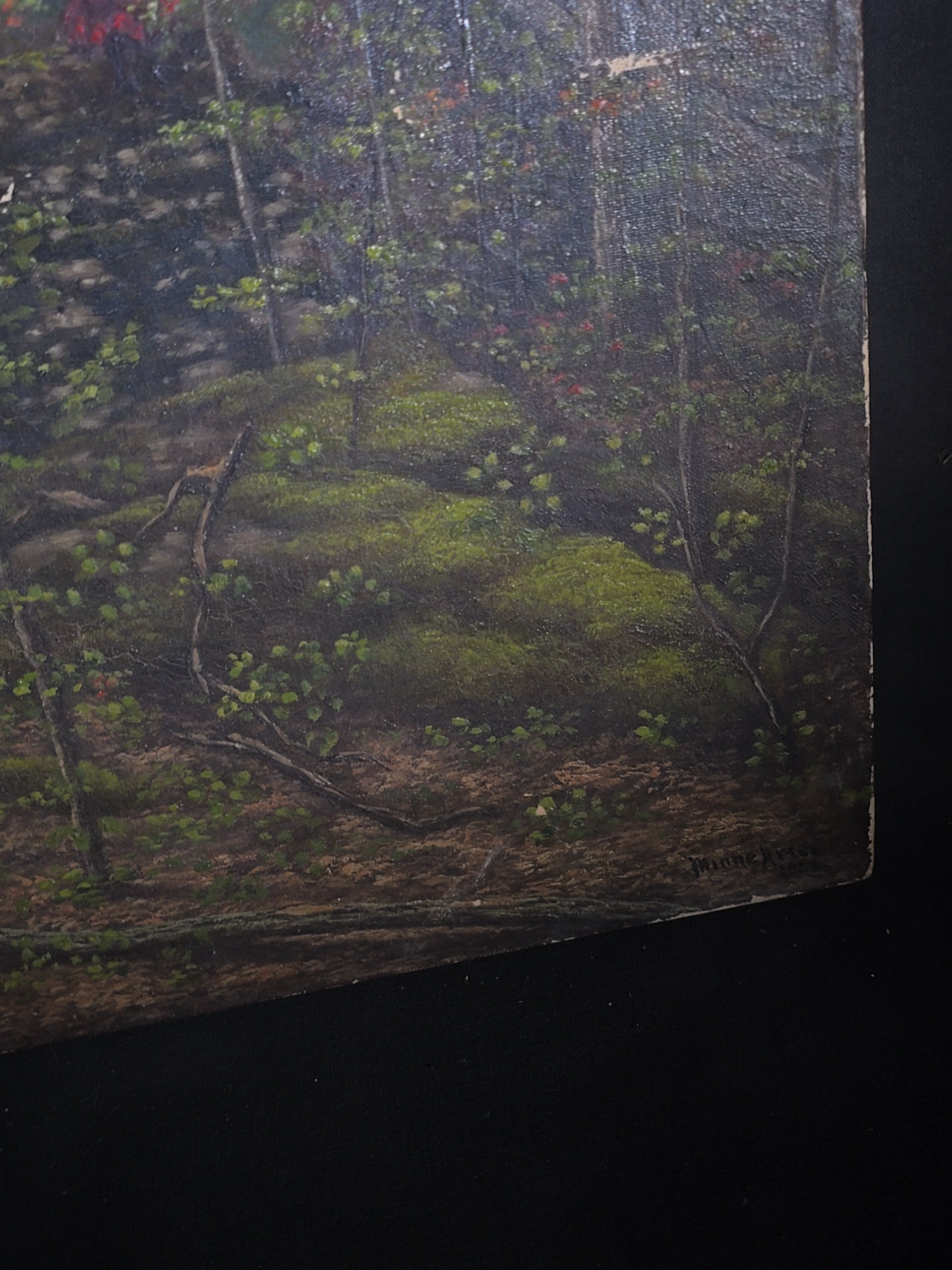 Antique Oil Painting on Canvas, Woodland Forest Interior Landscape, Signed Illegibly, Dated 1886