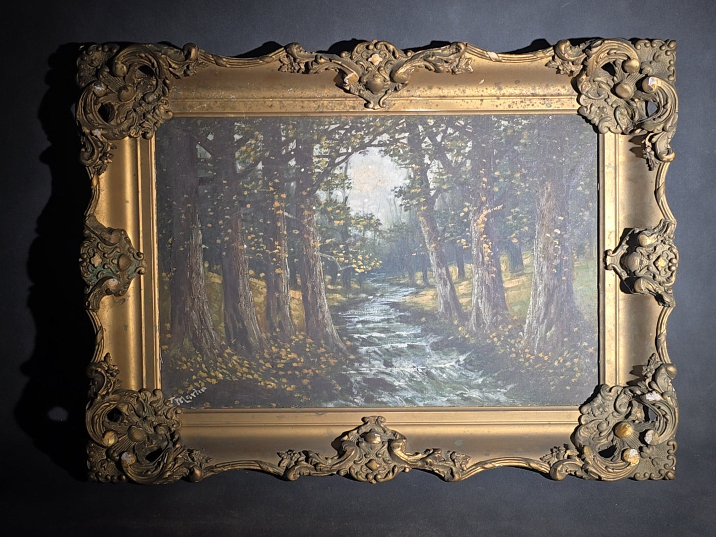 Antique 19th Century Oil Painting on Canvas, Wooded Stream Landscape with Tree-Lined Banks and Autumn Foliage, Signed J. Martin, Framed