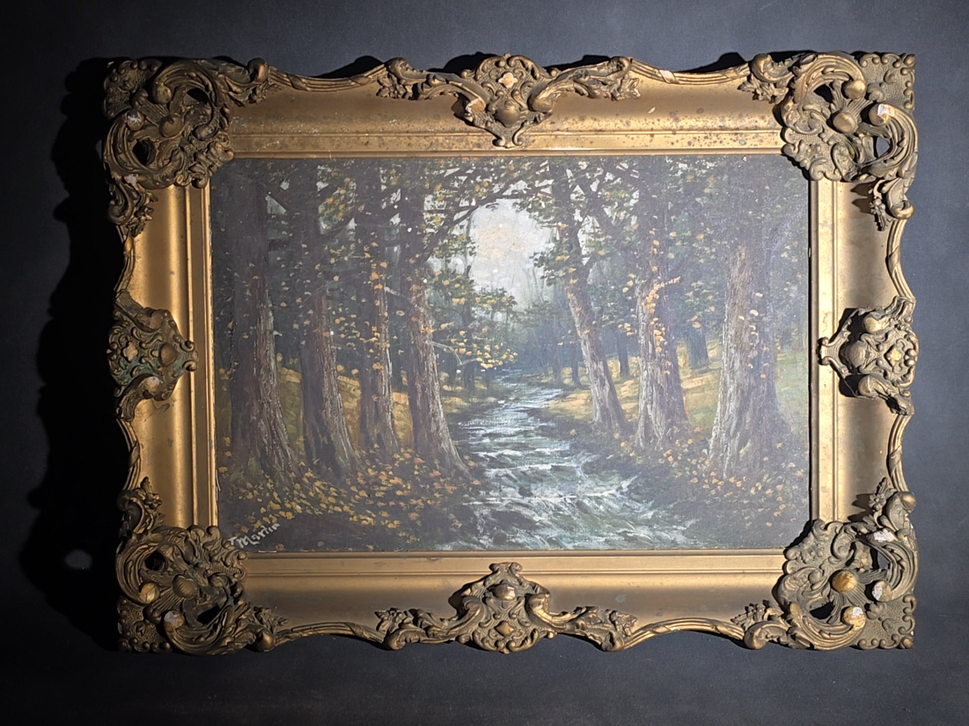 Antique 19th Century Oil Painting on Canvas, Wooded Stream Landscape with Tree-Lined Banks and Autumn Foliage, Signed J. Martin, Framed