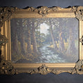 Lot 097 - Antique 19th Century Oil Painting on Canvas, Wooded Stream Landscape with Tree-Lined Banks and Autumn Foliage, Signed J. Martin, Framed, 23" W x 17" H