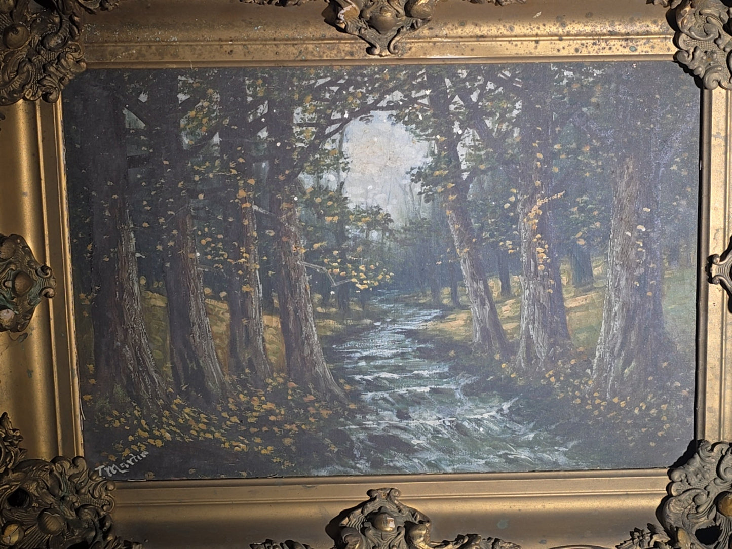 Antique 19th Century Oil Painting on Canvas, Wooded Stream Landscape with Tree-Lined Banks and Autumn Foliage, Signed J. Martin, Framed