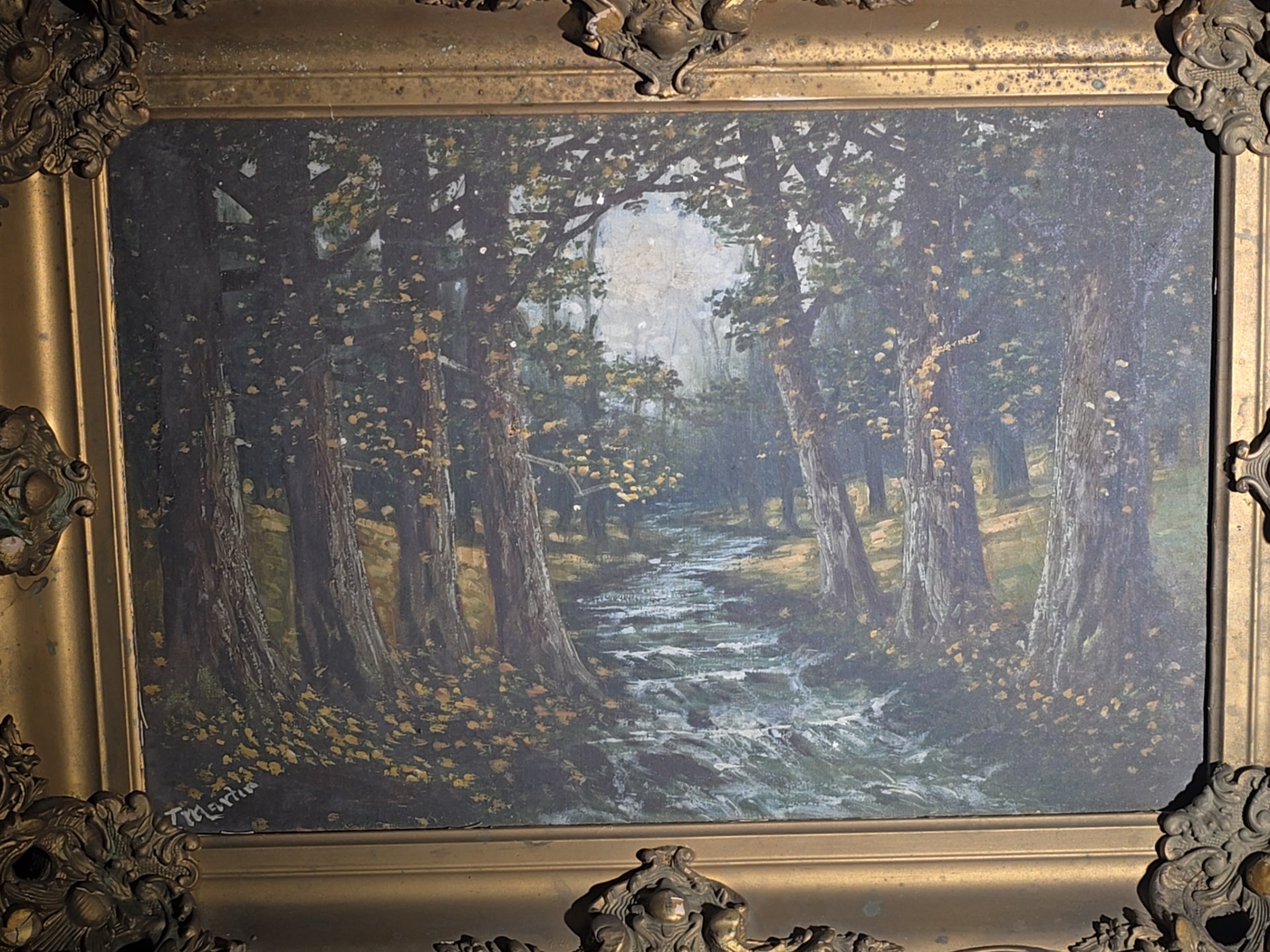 Antique 19th Century Oil Painting on Canvas, Wooded Stream Landscape with Tree-Lined Banks and Autumn Foliage, Signed J. Martin, Framed