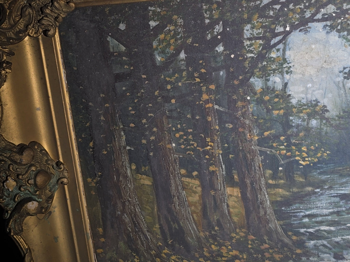 Antique 19th Century Oil Painting on Canvas, Wooded Stream Landscape with Tree-Lined Banks and Autumn Foliage, Signed J. Martin, Framed