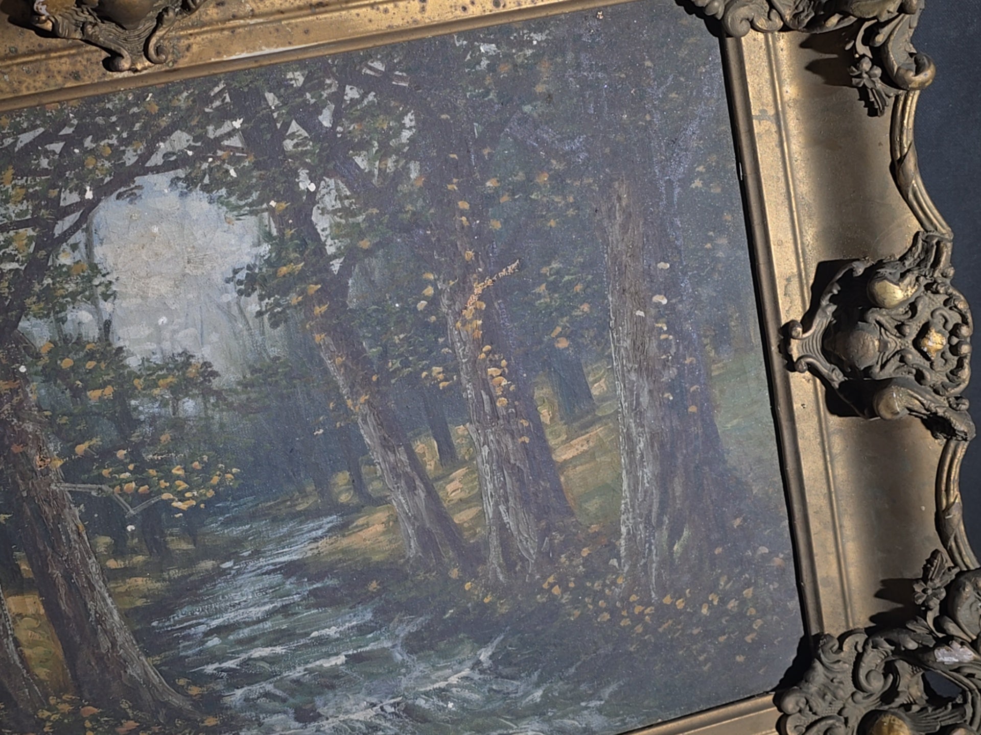 Antique 19th Century Oil Painting on Canvas, Wooded Stream Landscape with Tree-Lined Banks and Autumn Foliage, Signed J. Martin, Framed