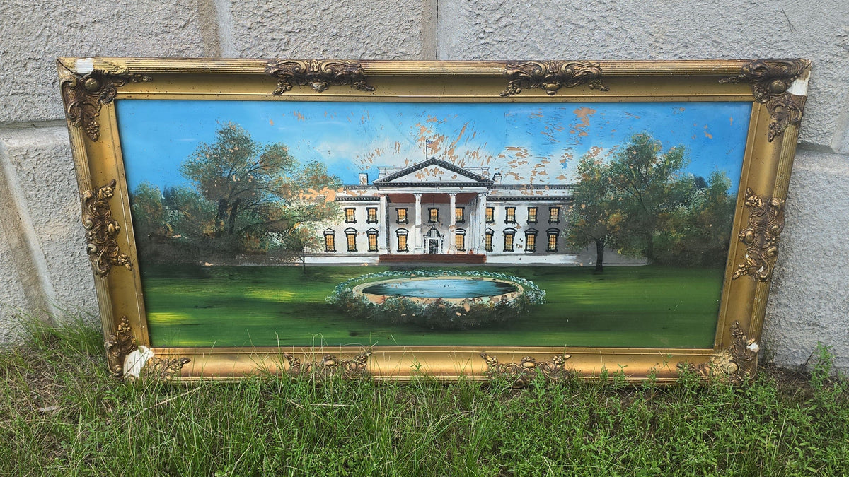 Vintage Reverse Painting on Glass of the White House in Gilt Frame