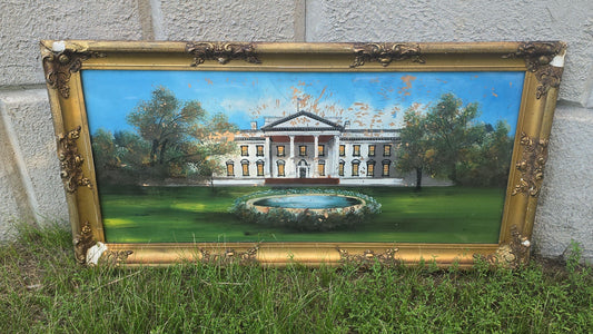 Vintage Reverse Painting on Glass of the White House in Gilt Frame